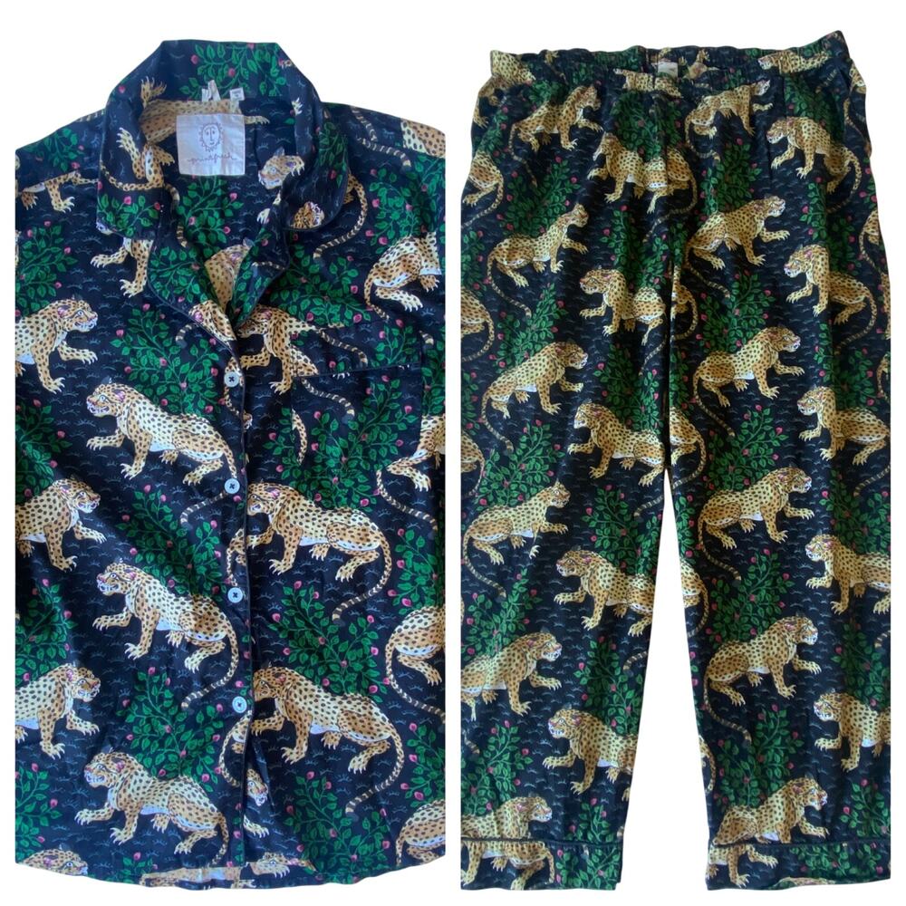 Printfresh Women's Organic Poplin Cotton Bagheera Leopard Print Long Pajamas 1X